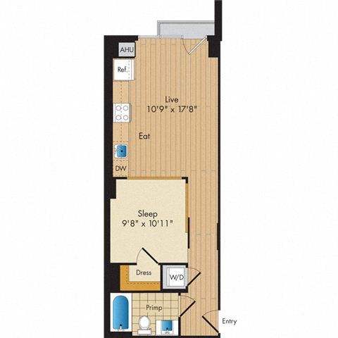 Floor plan for studio, 1 bath, 595 sqft